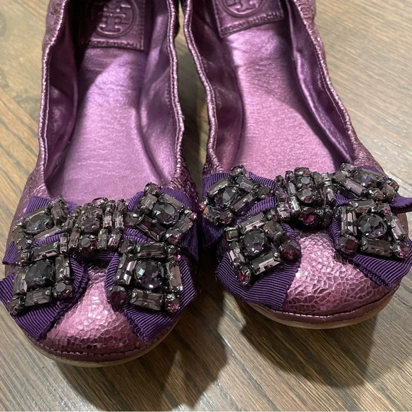 Tory Burch Azalea Crystal Bow Ballerina Flats Metallic Purple Leather Size 9 - Picture 7 of 12